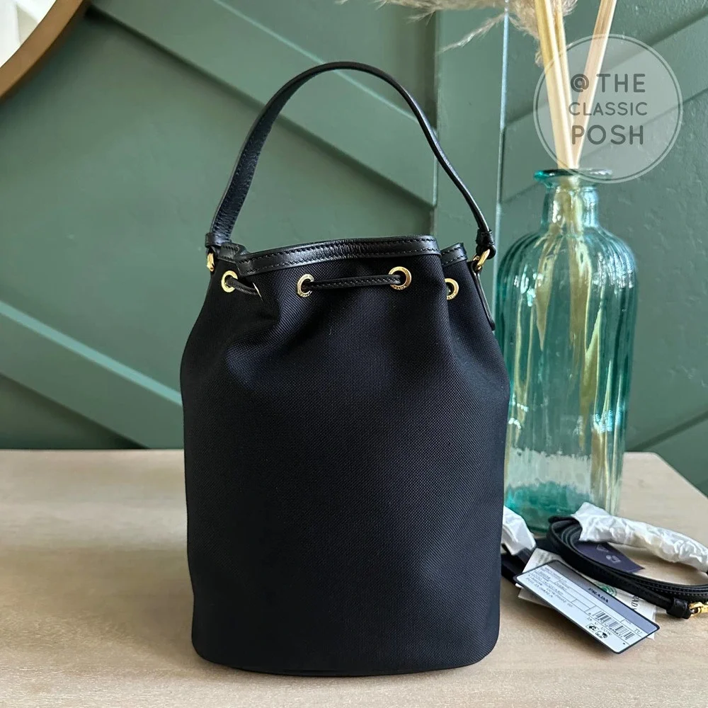 NEW Prada Jacquard Logo Bucket Black Canvas Tote Crossbody Bag